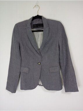 Zara Basic Womens Gray Linen Blazer Size S Single-Button Long Sleeve Lightweight